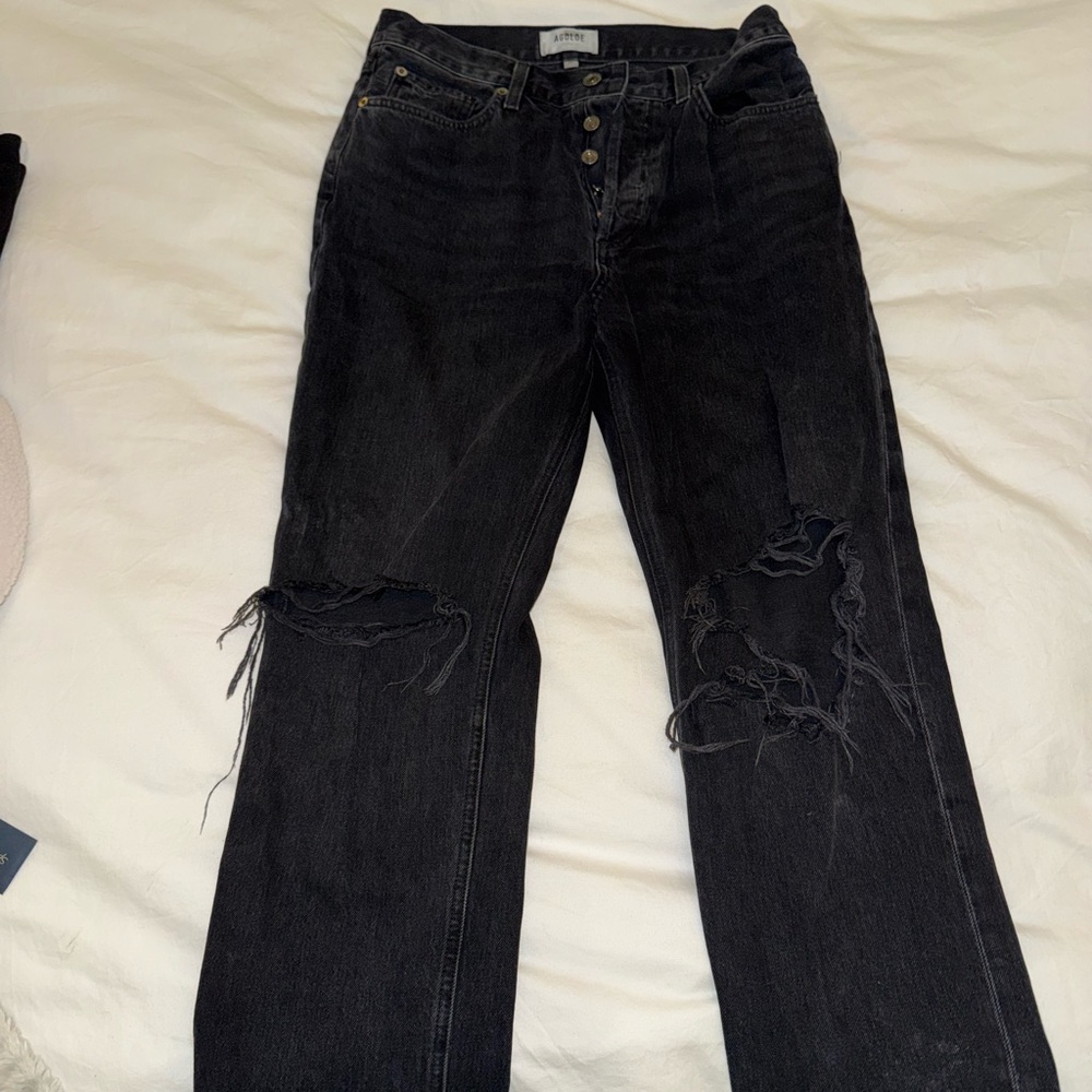 Agolde Black Distressed Straight Leg Jeans